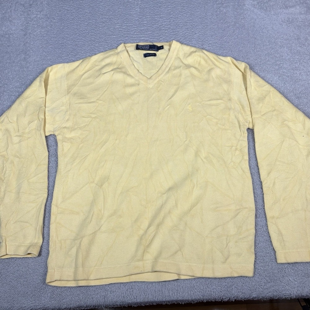 VINTAGE Polo Ralph Lauren Sweater Mens Large Yellow V Neck 100% Cotton Preppy